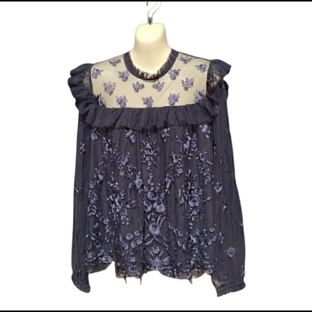 Illusion Washed Black Floral Embroidered Tulle Ruffle Longsleeve Blouse Top 6 S - Picture 2 of 10